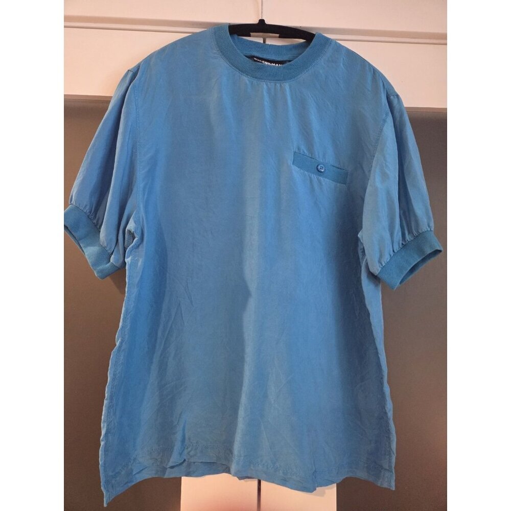 100% Silk Diane Gilman T-Shirt Blue Luxury Basic Pocket Tee Women’s Medium